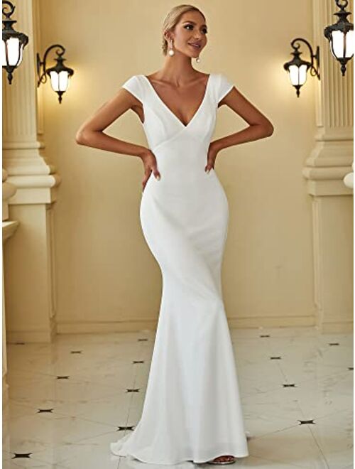 Ever-Pretty Women's Deep V-Neck Open Back Lace Bodycon Mermaid Maxi Wedding Dress 0171A