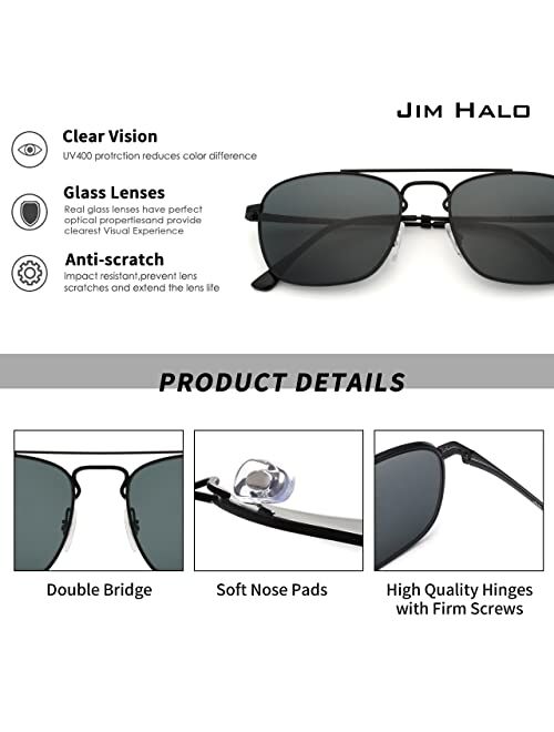 JIM HALO Retro Square Aviator Sunglasses Premium Glass Lens Flat Metal Eyewear Men Women