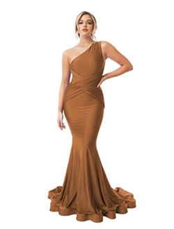 Homdor One Shoulder Mermaid Bridesmaid Dresses Long Ruched Bodycon Prom Dress Long Ball Gown for Wedding