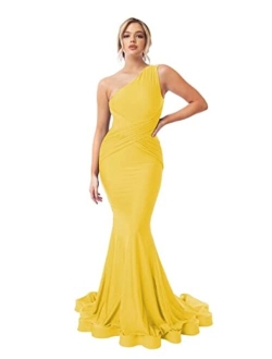 Homdor One Shoulder Mermaid Bridesmaid Dresses Long Ruched Bodycon Prom Dress Long Ball Gown for Wedding