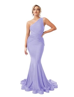 Homdor One Shoulder Mermaid Bridesmaid Dresses Long Ruched Bodycon Prom Dress Long Ball Gown for Wedding