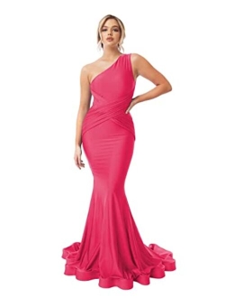 Homdor One Shoulder Mermaid Bridesmaid Dresses Long Ruched Bodycon Prom Dress Long Ball Gown for Wedding