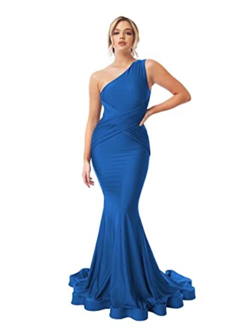 Homdor One Shoulder Mermaid Bridesmaid Dresses Long Ruched Bodycon Prom Dress Long Ball Gown for Wedding