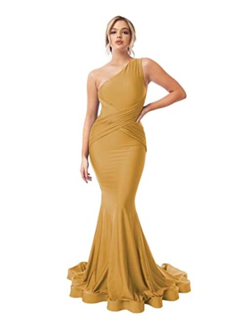 Homdor One Shoulder Mermaid Bridesmaid Dresses Long Ruched Bodycon Prom Dress Long Ball Gown for Wedding