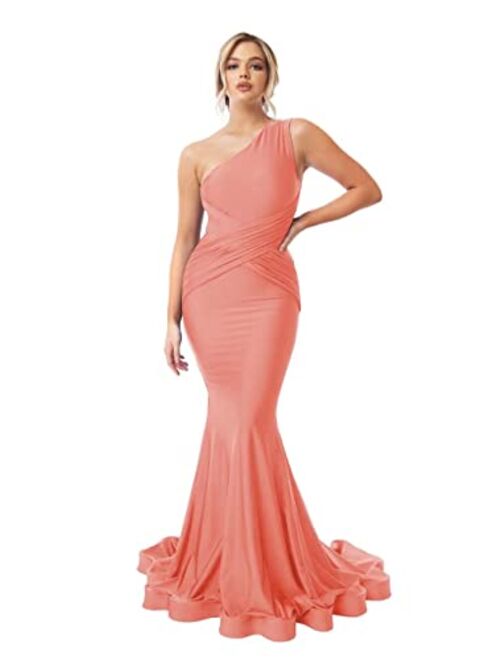 Homdor One Shoulder Mermaid Bridesmaid Dresses Long Ruched Bodycon Prom Dress Long Ball Gown for Wedding