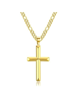 KRFY Cross Necklace Figaro Link Chain for Men Women Stainless Steel Black Gold Silver Beveled Cross Pendant Necklaces 18k Gold Plated Simple Necklaces 18/20/22/24/26/30 I