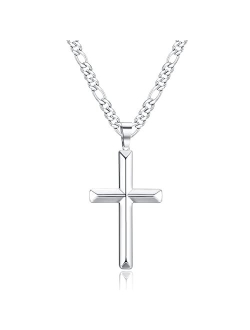 KRFY Cross Necklace Figaro Link Chain for Men Women Stainless Steel Black Gold Silver Beveled Cross Pendant Necklaces 18k Gold Plated Simple Necklaces 18/20/22/24/26/30 I