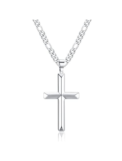 KRFY Cross Necklace Figaro Link Chain for Men Women Stainless Steel Black Gold Silver Beveled Cross Pendant Necklaces 18k Gold Plated Simple Necklaces 18/20/22/24/26/30 I