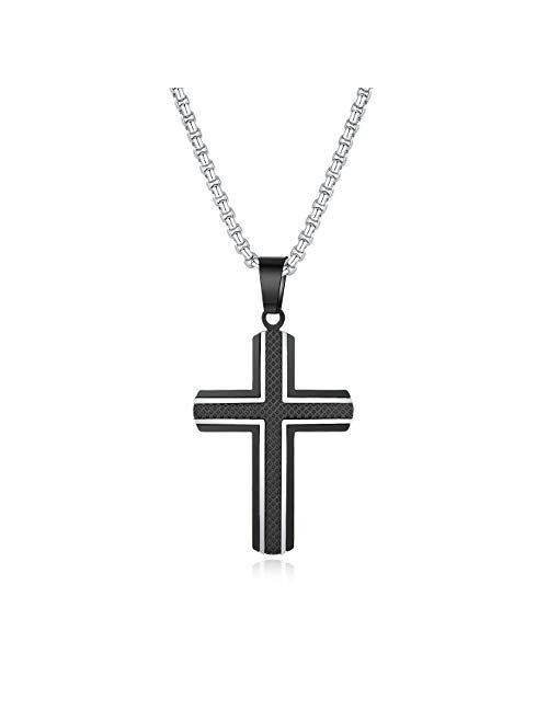 Zillaly Men's Stainless Steel Cross Necklace,Two-Tone Black & Blue Carbon Fiber Pendant - Included Gift Box