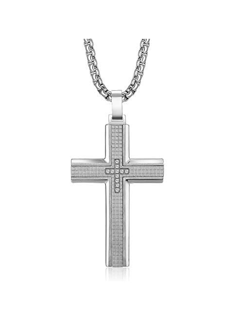 Zillaly Men's Stainless Steel Cross Necklace,Two-Tone Black & Blue Carbon Fiber Pendant - Included Gift Box