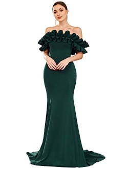 Womens Off Shoulder Ruffle Sleeve Bodycon Formal Party Dress 0274