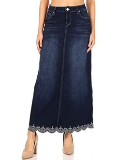 Fashion2Love Women's Juniors/Plus Size Long A-Line Stretch Denim Maxi Skirt