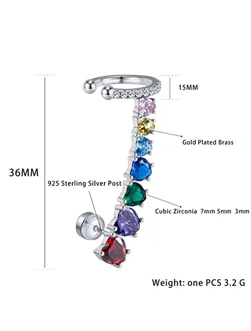 Weinuo 925 Sterling Silver Post Stud Earrings for Women Cartilage Ear Cuffs Hoop Climber 7 Multcolors Cubic Zirconia CZ Hypoallergenic Piercing Gifts For Her