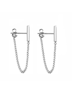 Reffeer 925 Sterling Silver Stud Earrings Minimalist Bar Earrings with Chain Dangle Earrings For Women