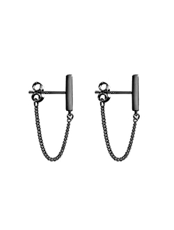 Reffeer 925 Sterling Silver Stud Earrings Minimalist Bar Earrings with Chain Dangle Earrings For Women