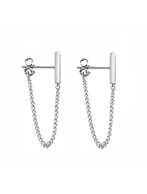 Reffeer 925 Sterling Silver Stud Earrings Minimalist Bar Earrings with Chain Dangle Earrings For Women