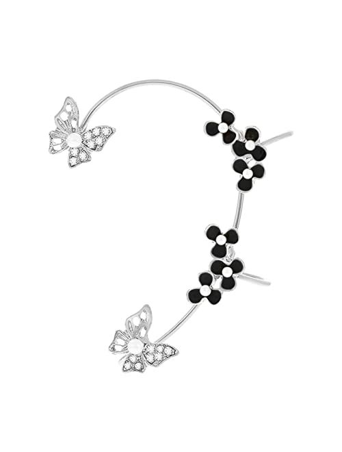 Generic Pearl Butterfly Ear Clip Without Ear Hole Light Luxury Flower Ear Bone Clip Single Ear Hook Earring Cross (Black, One Size)