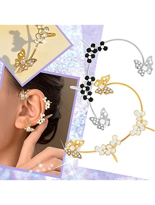 Generic Pearl Butterfly Ear Clip Without Ear Hole Light Luxury Flower Ear Bone Clip Single Ear Hook Earring Cross (Black, One Size)