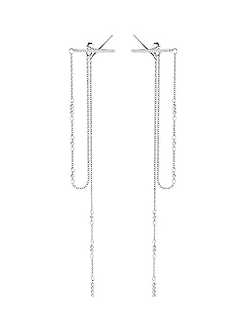 SLUYNZ 925 Sterling Silver CZ Long Dangle Earrings Chain for Women Teen Girls X Long Earrings Tassel 5.9inch