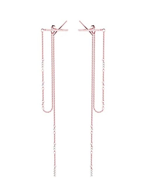 SLUYNZ 925 Sterling Silver CZ Long Dangle Earrings Chain for Women Teen Girls X Long Earrings Tassel 5.9inch