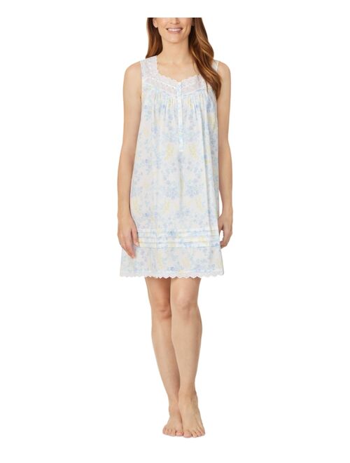 EILEEN WEST Eyelet-Trim Cotton Swiss Dot Floral Print Nightgown