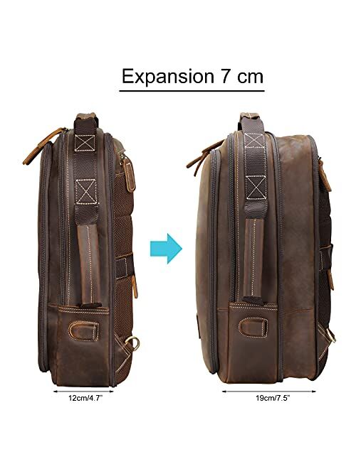 Masa Kawa Leather 15.6" Laptop Backpack for Men Convertible Briefcase Backpacks School Bookbag Expandable Vintage Business Work Travel Rucksack Daypack, Brown