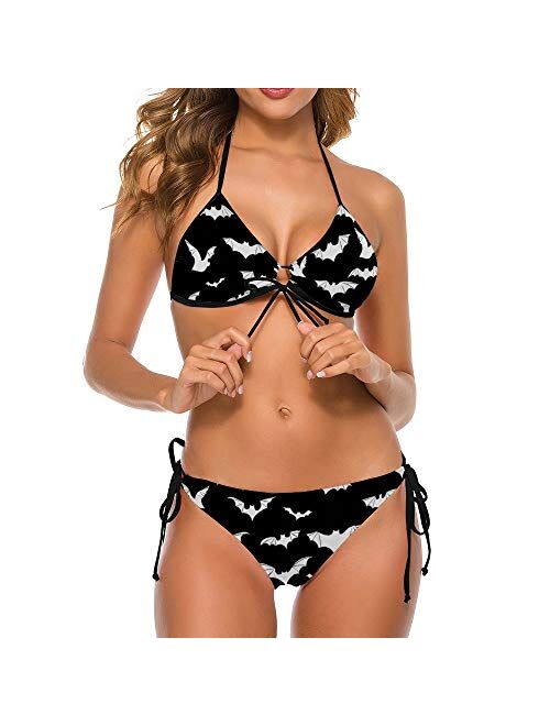 Gdewcro Bats Halloween Goth Adjustable Halter Bikini Set Tankini,Women Girl Swimsuits 2 Piece Triangle Sexy Lace Up Bra Swimwear