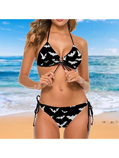 Gdewcro Bats Halloween Goth Adjustable Halter Bikini Set Tankini,Women Girl Swimsuits 2 Piece Triangle Sexy Lace Up Bra Swimwear