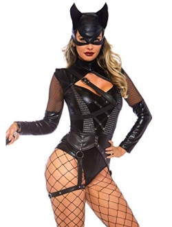 womens 2 Pc Villainess Vixen Bodysuit Costume With Attached Garter, Hooded Mask