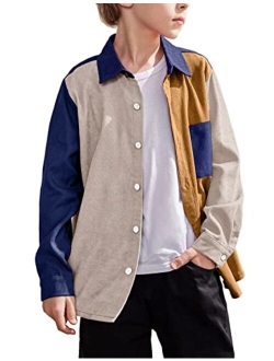 Boys Button-Down Shirts Fashion Color Block Pocket Front Corduroy Shirt