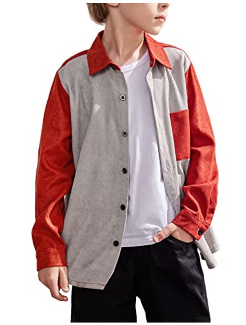 Arshiner Boys Button-Down Shirts Fashion Color Block Pocket Front Corduroy Shirt