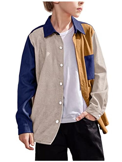 Arshiner Boys Button-Down Shirts Fashion Color Block Pocket Front Corduroy Shirt