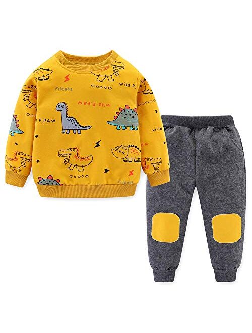 BomDeals Cute Cartoon Pentacle Dinosaur Printed Baby Boys Long Sleeve Tops and Pants Outfits