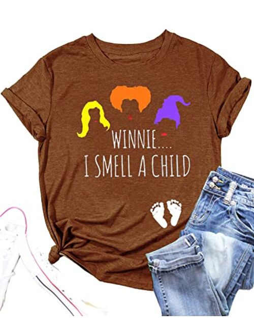 EXMIUN Winnie I Smell a Child Pregnancy Halloween Shirts Women Fall Pregnancy T Shirts Sanderson Sisters Top Tees