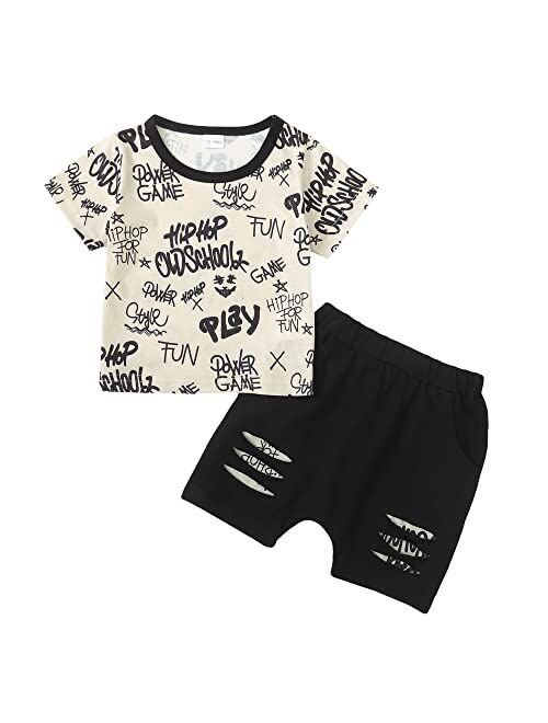 Kucnuzki Toddler Baby Boy Clothes Outfits Short Summer Sleeve Letters Printed Shirt Shorts Sets 2PC Little Boy Clothing