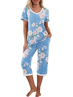 PrinStory Women's Pajama Set Short Sleeve Shirt and Capri Pants Sleepwear Pjs Sets with Pockets