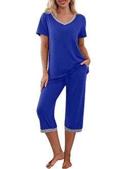 PrinStory Women's Pajama Set Short Sleeve Shirt and Capri Pants Sleepwear Pjs Sets with Pockets