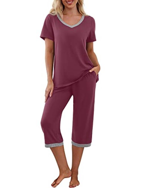 PrinStory Women's Pajama Set Short Sleeve Shirt and Capri Pants Sleepwear Pjs Sets with Pockets