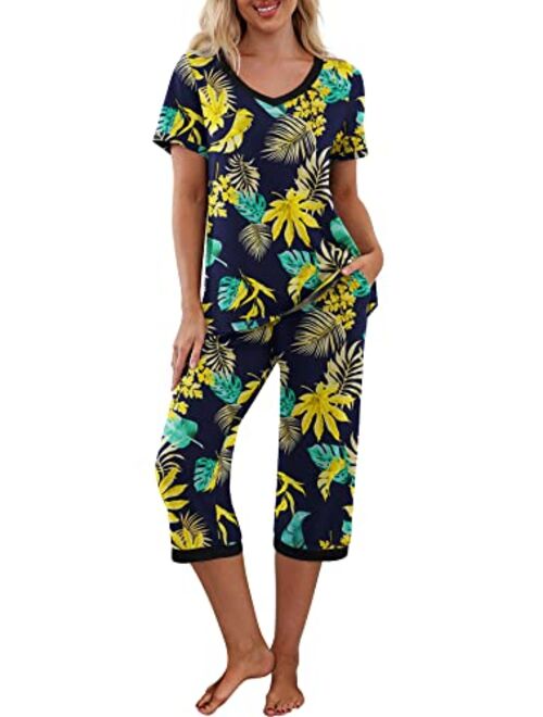 PrinStory Women's Pajama Set Short Sleeve Shirt and Capri Pants Sleepwear Pjs Sets with Pockets