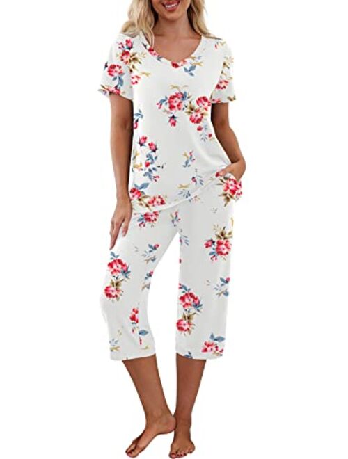 PrinStory Women's Pajama Set Short Sleeve Shirt and Capri Pants Sleepwear Pjs Sets with Pockets