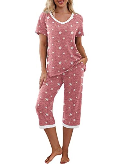 PrinStory Women's Pajama Set Short Sleeve Shirt and Capri Pants Sleepwear Pjs Sets with Pockets