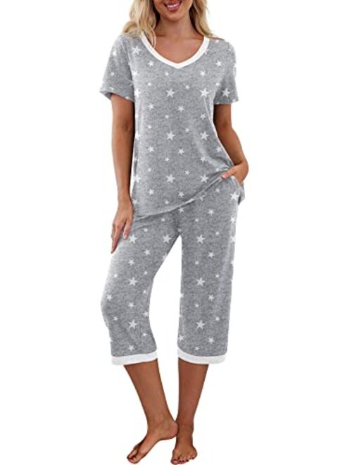 PrinStory Women's Pajama Set Short Sleeve Shirt and Capri Pants Sleepwear Pjs Sets with Pockets