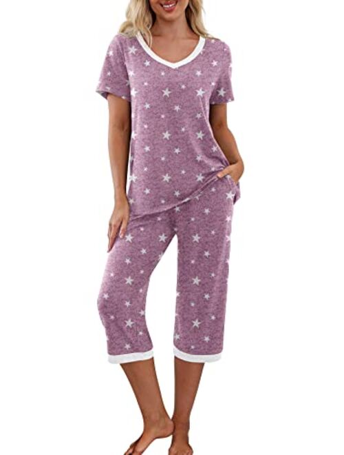 PrinStory Women's Pajama Set Short Sleeve Shirt and Capri Pants Sleepwear Pjs Sets with Pockets