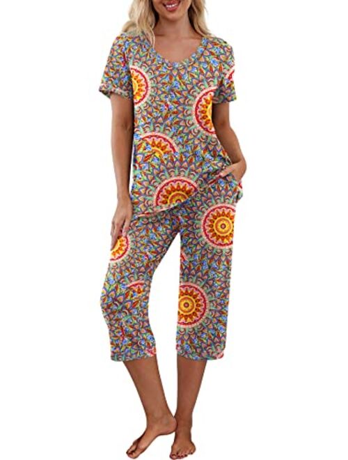 PrinStory Women's Pajama Set Short Sleeve Shirt and Capri Pants Sleepwear Pjs Sets with Pockets