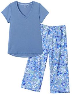 HONG HUI Women's Capri Pajama Sets Plus Size Sleepwear Top with Capri Pants 2 Piece Sleep Set