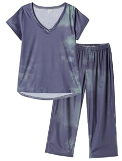 HONG HUI Women's Capri Pajama Sets Plus Size Sleepwear Top with Capri Pants 2 Piece Sleep Set