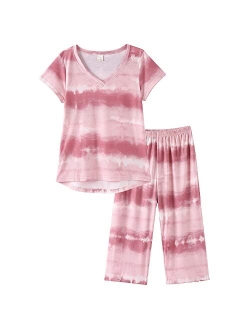 HONG HUI Women's Capri Pajama Sets Plus Size Sleepwear Top with Capri Pants 2 Piece Sleep Set