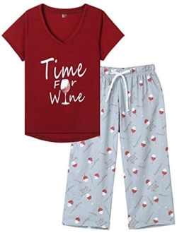 HONG HUI Women's Capri Pajama Sets Plus Size Sleepwear Top with Capri Pants 2 Piece Sleep Set