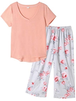 HONG HUI Women's Capri Pajama Sets Plus Size Sleepwear Top with Capri Pants 2 Piece Sleep Set