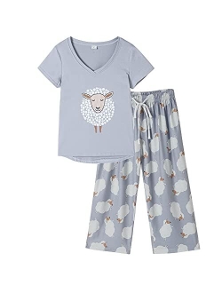 HONG HUI Women's Capri Pajama Sets Plus Size Sleepwear Top with Capri Pants 2 Piece Sleep Set